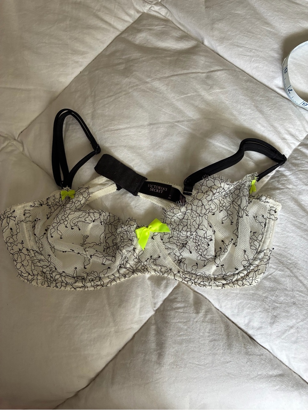 Victoria's Secret White Mesh Underwire Bra with Black Lace and Neon Yellow Bows